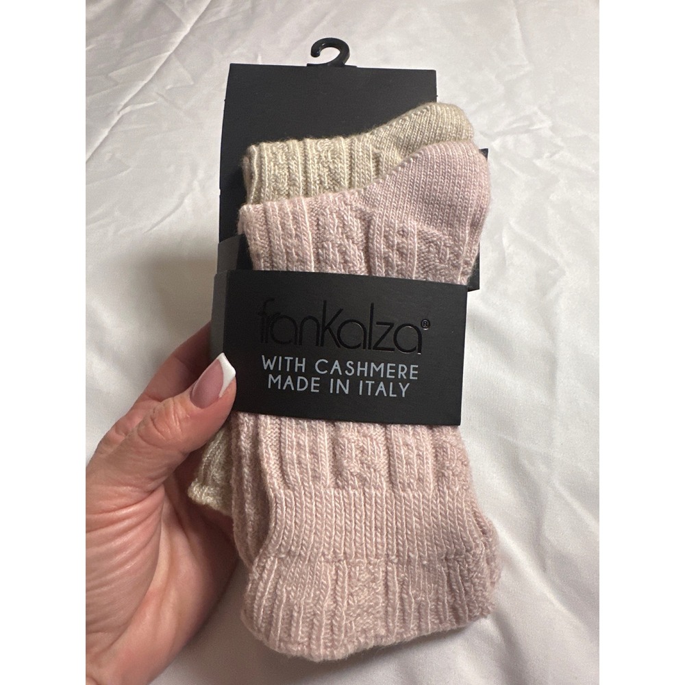 Frankalza 2 PK Chain Cable Stitch Crew Socks Cashmere Merino Wool Blush Oatmeal